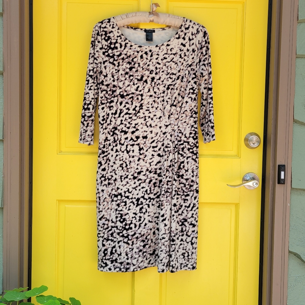 Ann Taylor Abstract Print Pleated Midi Dress Neutral 3/4 Sleeve Medium